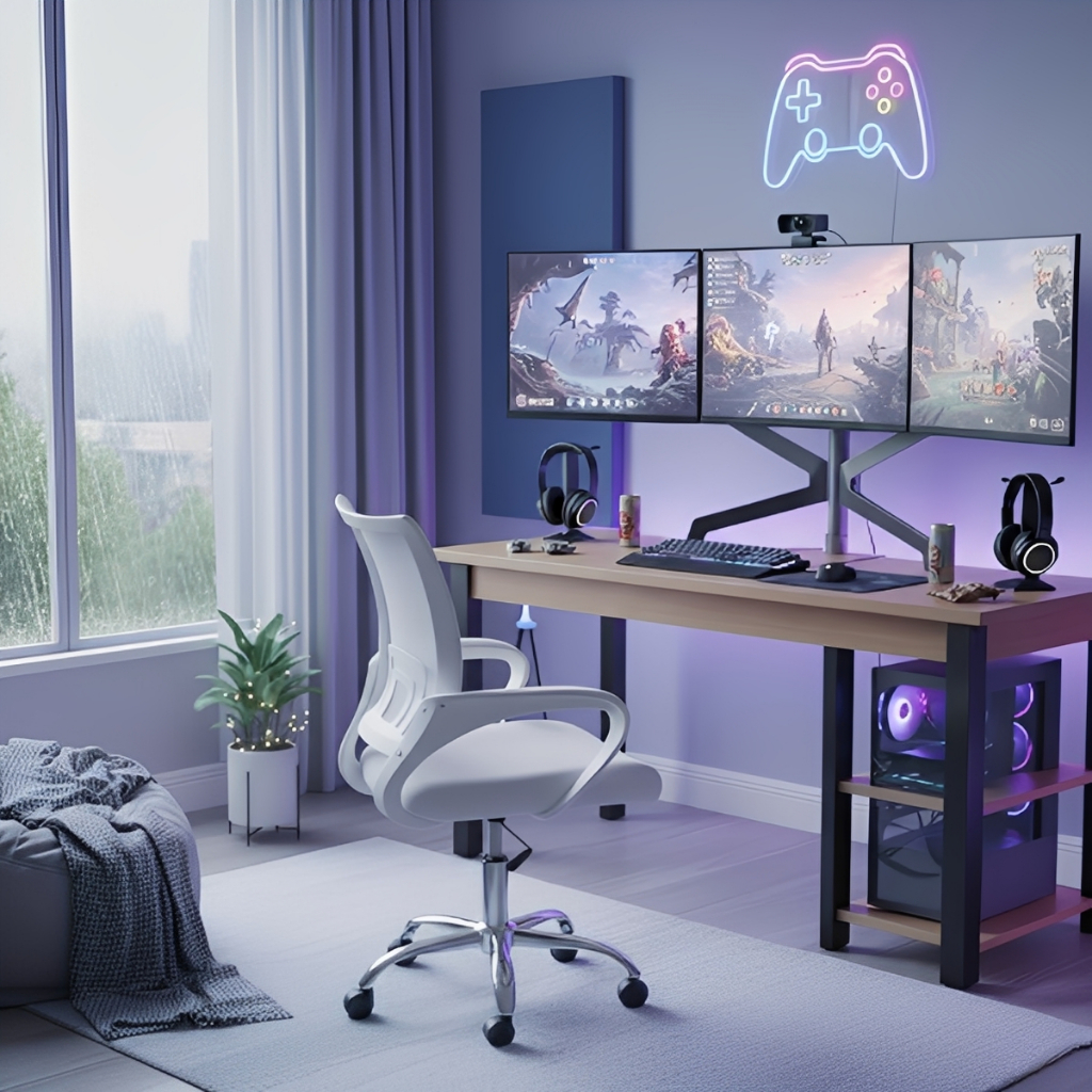Mesa Office Prateleiras Reforçada  com Cadeira Giratória Mesh Ergonômica e Base Cromada Regulável