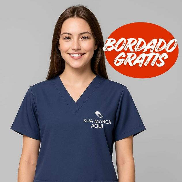 Blusa Scrub Feminina Azul Marinho Tecido Two Way - BORDADO GRÁTIS