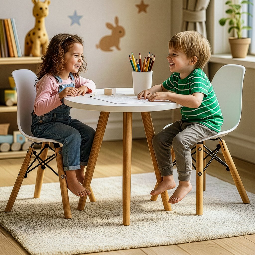 Kit Mesa Infantil Branca 50cm Redonda e 2 Cadeira Eiffel Infantil