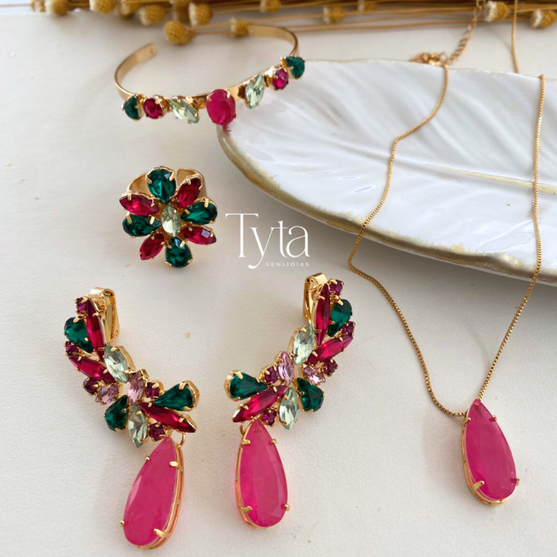 Brinco ear cuff , anel, colar e bracelete pink e verde com banho de ouro stella brinco pink earcuff pink