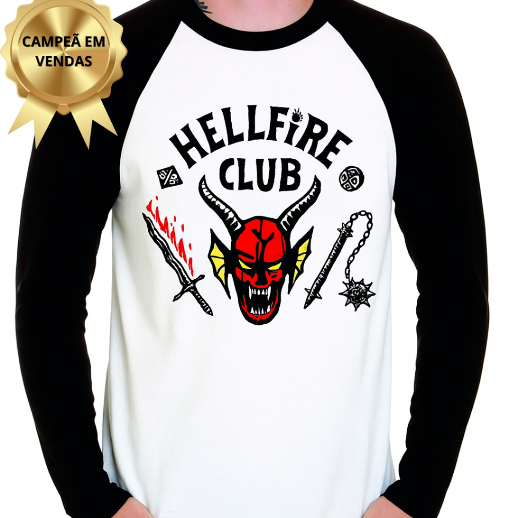 Camiseta Hellfire Club Manga Longa Stranger Things Nerd Personalizada 100% Algodão Blusa Raglan