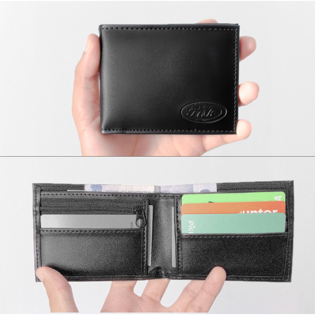 Carteira Porta Cartão Cnh Slim Masculina De Couro Preta