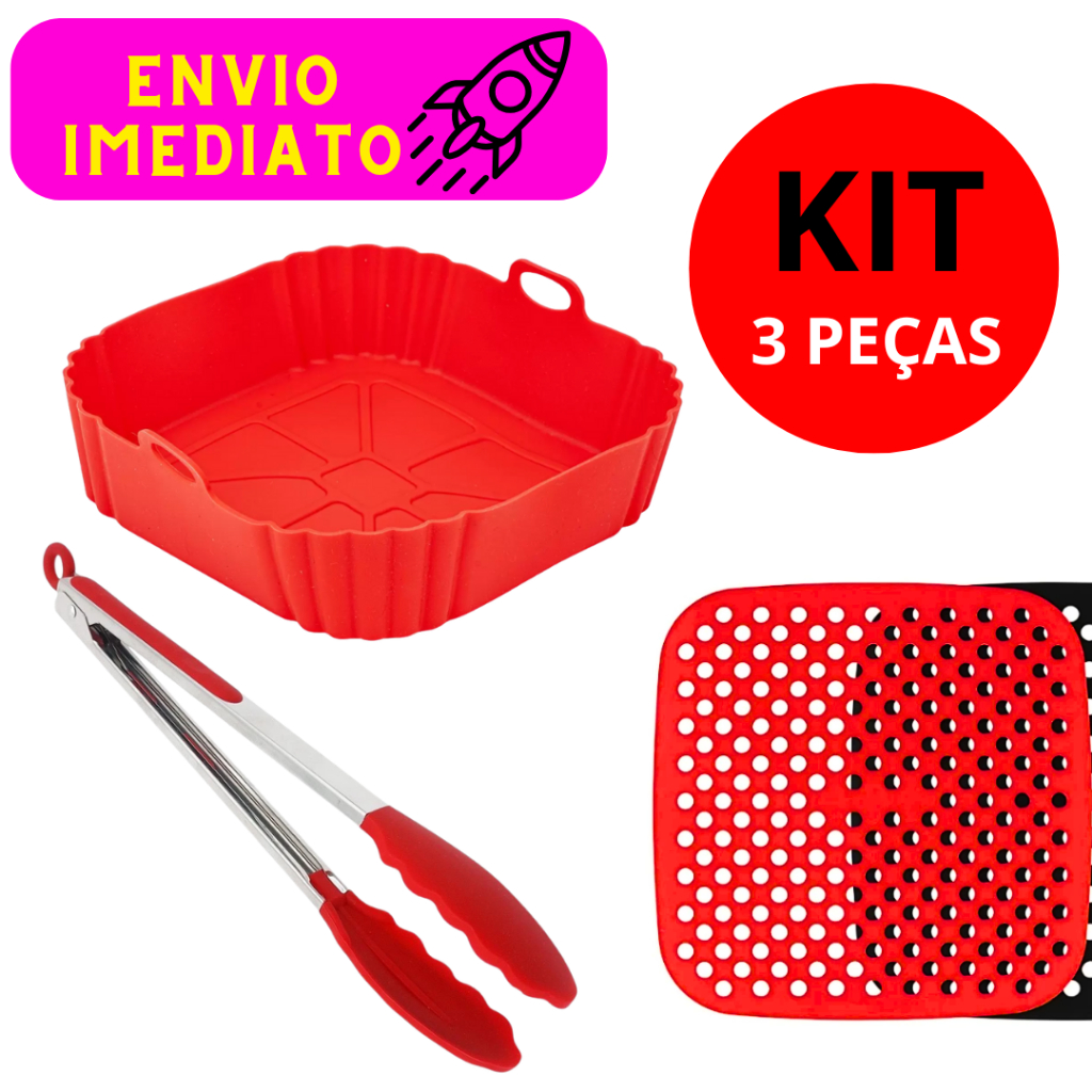 Kit Air Fryer 3 Peças 01 Tapete de Silicone 01 Forma Quadrada de Silicone 01 Pegador de Massas