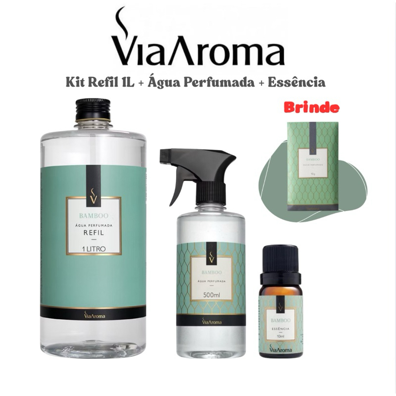 Água Perfumada Spray 500ml Via Aroma + Refil 1L + Essência 10ml Aromatizante Cheirinho para Casa