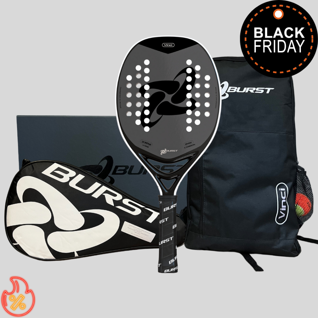 Raquete Burst Beach Tennis Vinci Full Carbono 24K Preta Capa Protetora e Mochila Personalizada