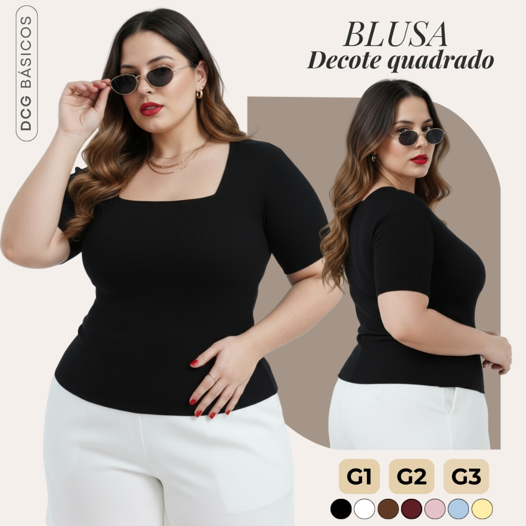 Blusa Feminina Plus Size Decote Quadrado Manga Curta Elegante G1 ao G3