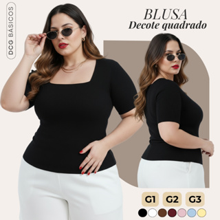 Blusa Feminina Plus Size Decote Quadrado Manga Curta Elegante G1 ao G3 em Oferta na Shopee