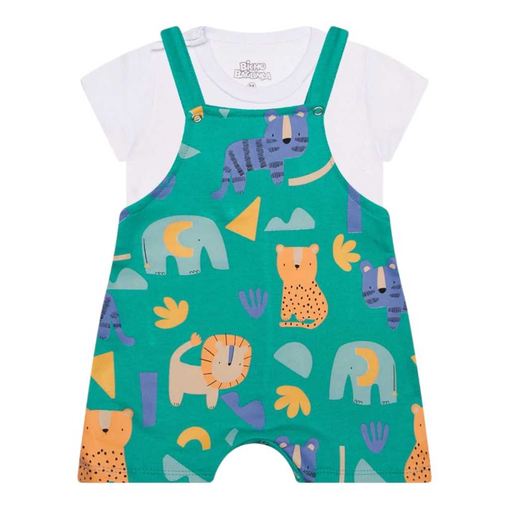 Conjunto Bebê Bicho Bagunça com Jardineira em Moletinho e Camiseta Meia Malha Animais