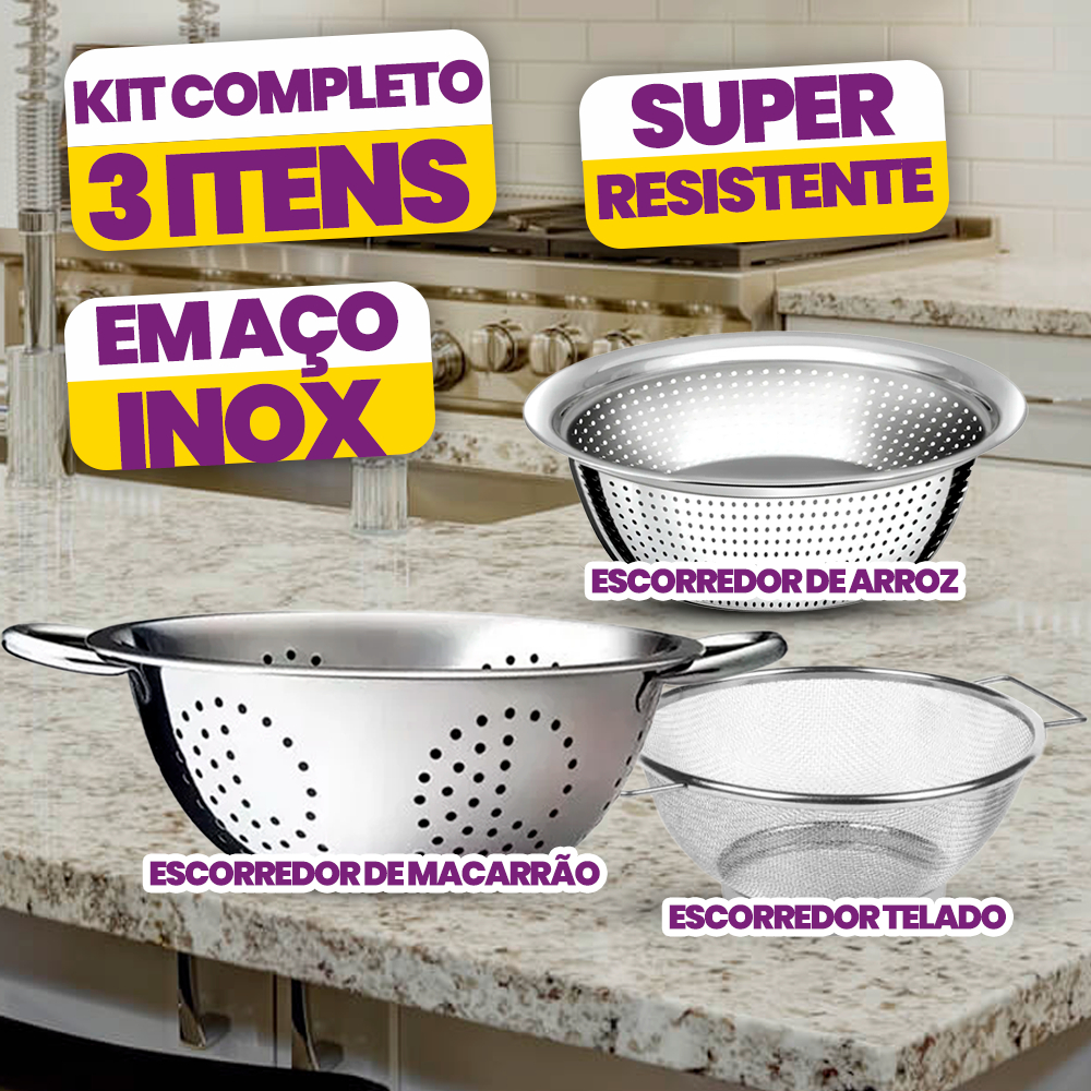 Kit 3 Peças Escorredores Massa + Arroz + Telado Inox Grande 24cm Qualidade Premium