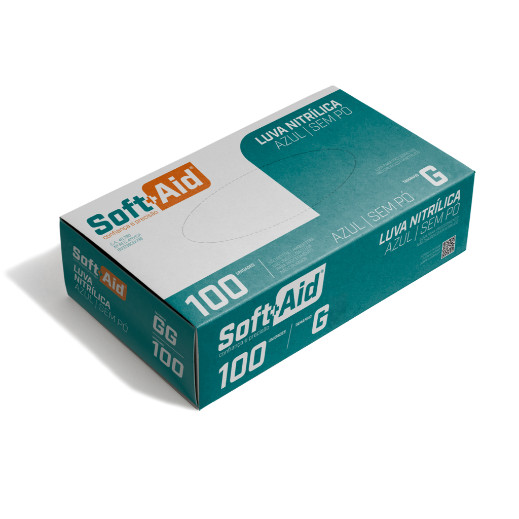 LUVA NITRILICA SEM PÓ TAMANHO G COR AZUL SOFT+AID 100UN