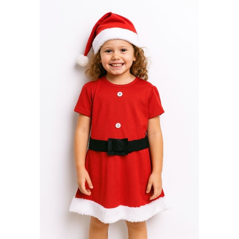 fantasia infantil vestido de Natal com gorro Mamãe Noel