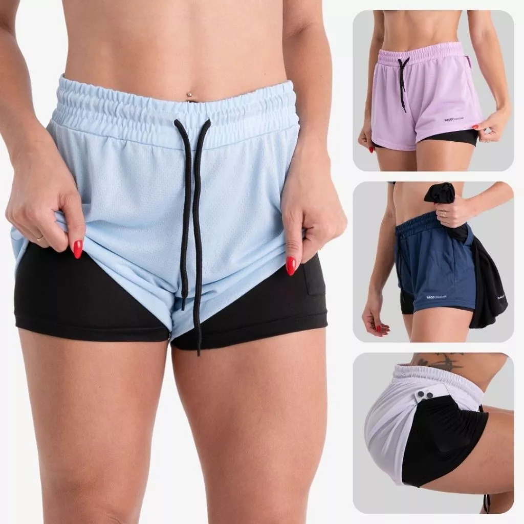 Shorts 2 em 1 Feminino Compressão Academia Caminhadas Corrida Bermuda Dupla Para Treino e Esportes — imagem 1