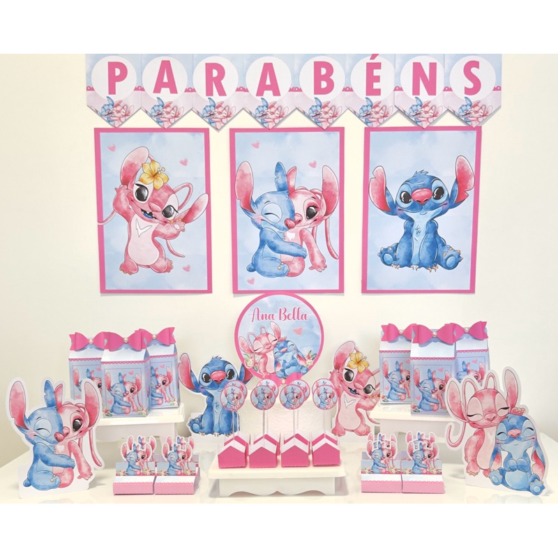 Kit Festa Stitch e Angel personalizado com nome e idade | Kit Só um Bolinho |Stitch Aniversário |Lembrancinhas
