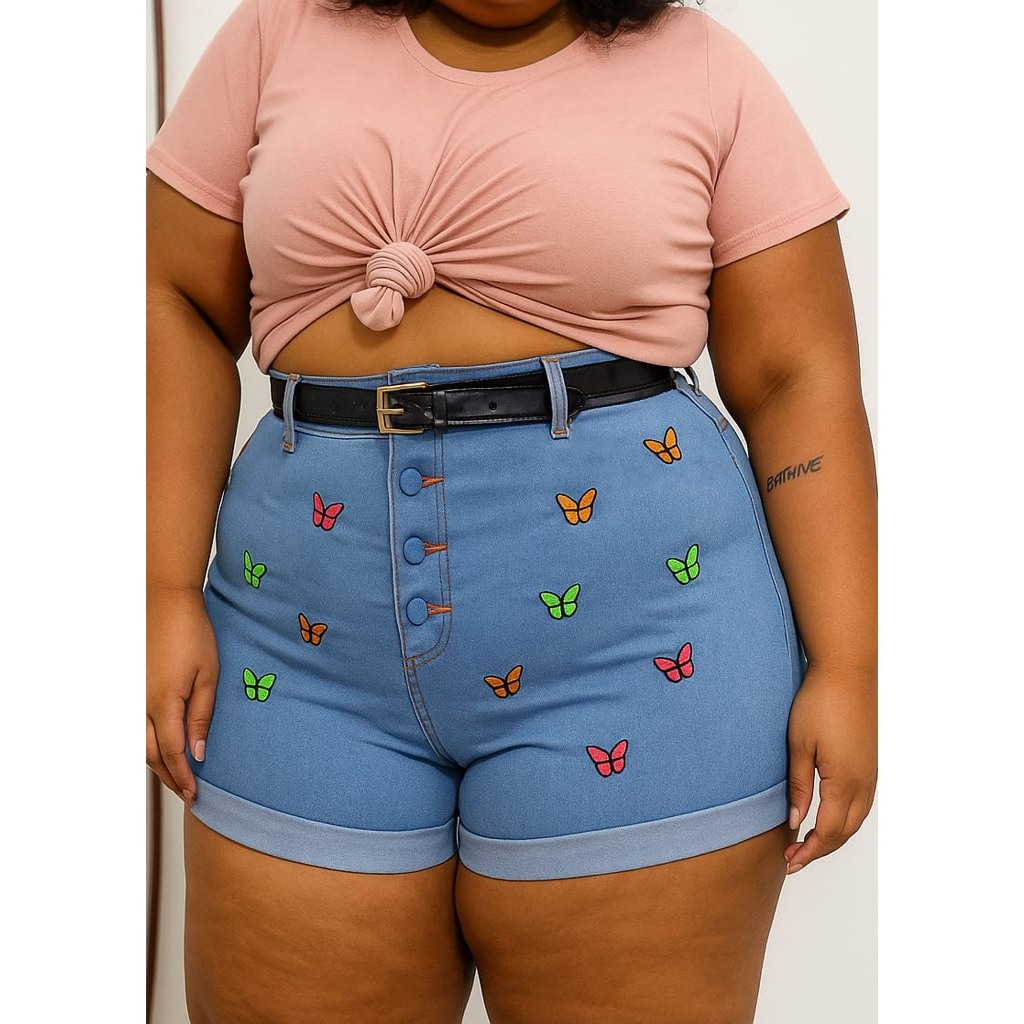 Short Jeans Lycra Plus Size Feminina cintura alta botão encapado bordado cinto em Oferta na Shopee