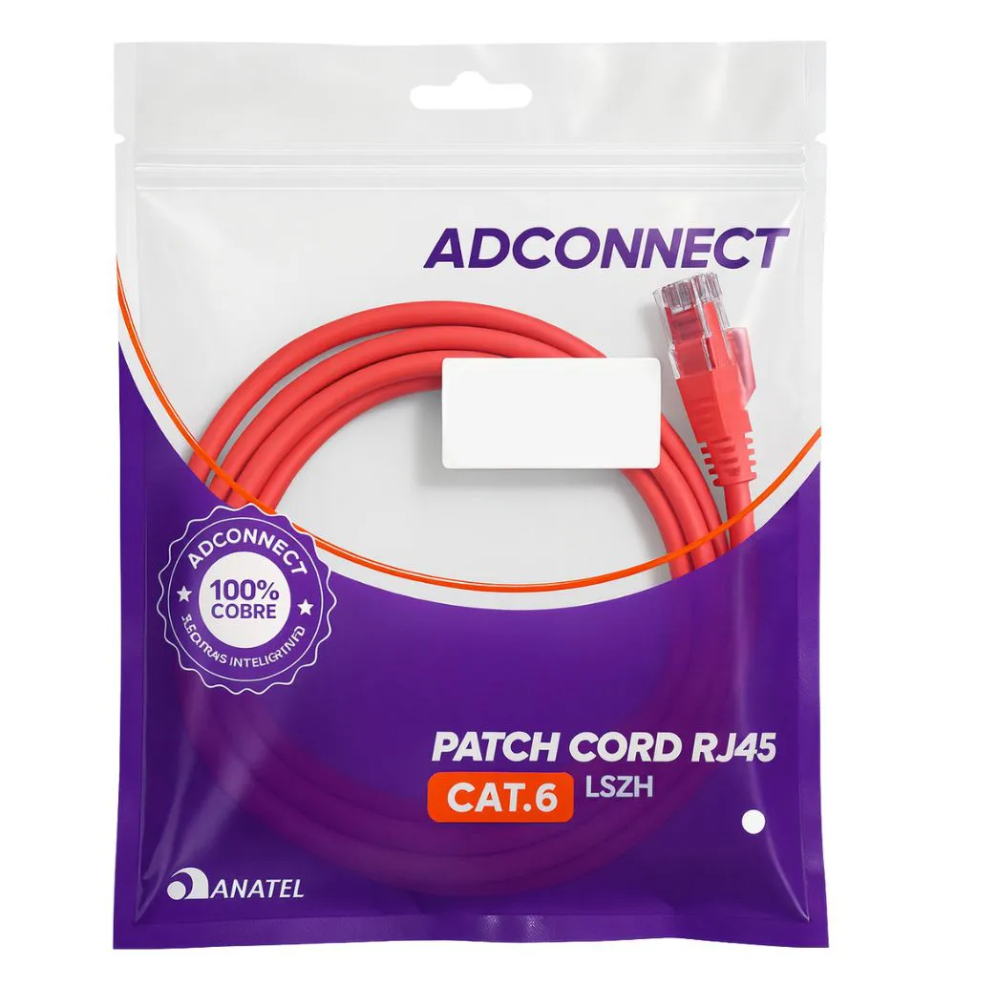 Patch Cord CAT6 Metro LSZH Vermelho AD Connect AD-10379 ANATEL