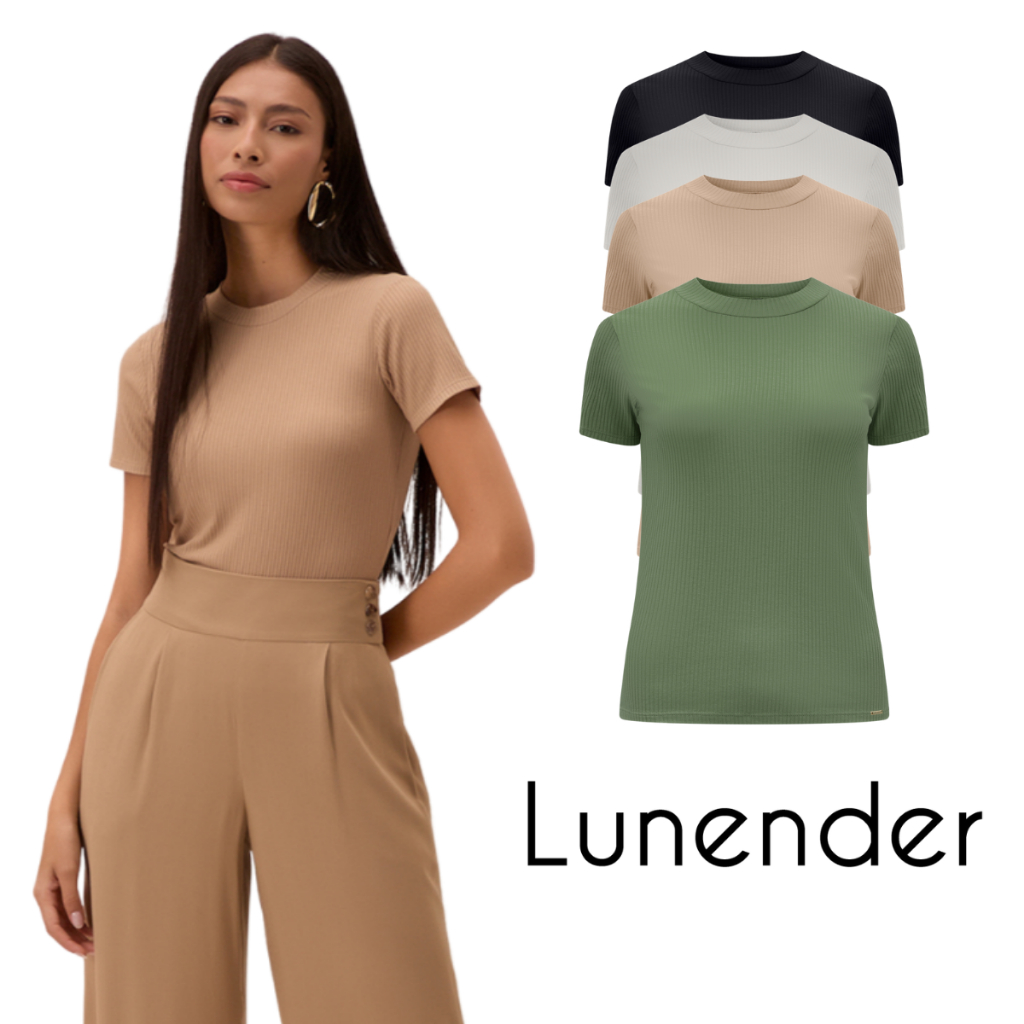 BLUSA BÁSICA MANGA CURTA | MALHA CANELADA SEVILHA | LUNENDER em Oferta na Shopee