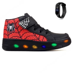 Kit Tenis Botinha de Led Meninos Cano Alto Aranha Confortavel Divertido Ajuste Facil + Relogio