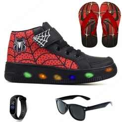 Kit Tenis Botinha de Led Meninos Cano Alto Confortavel Ajuste Facil + Chinelo Oculos e Relogio