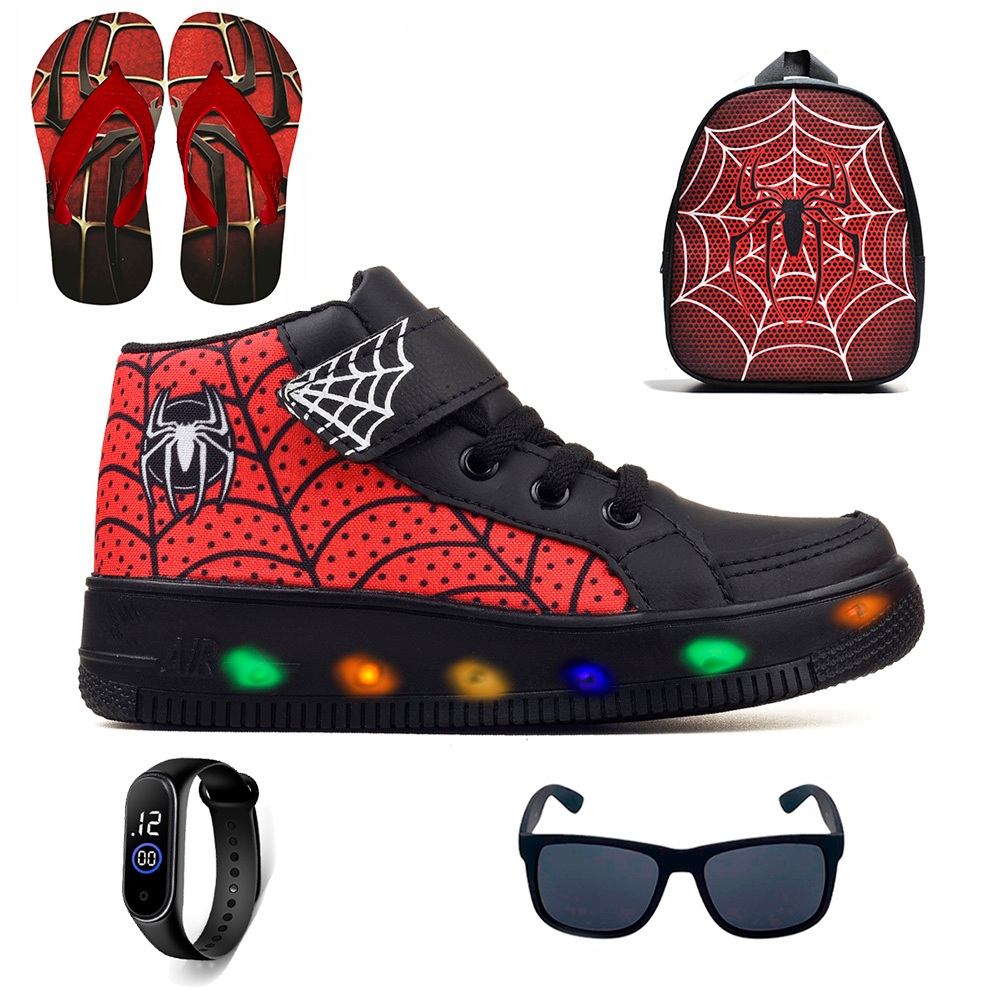 Kit Tenis Botinha de Led Meninos Cano Alto Aranha Ajuste Facil + Mochila Chinelo Oculos e Relogio em Oferta na Shopee