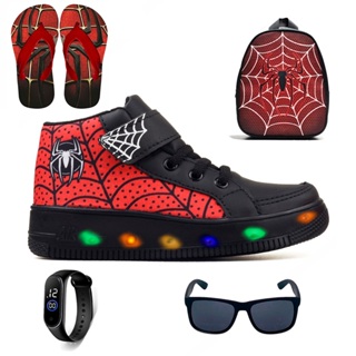 Kit Tenis Botinha de Led Meninos Cano Alto Aranha Ajuste Facil + Mochila Chinelo Oculos e Relogio em Oferta na Shopee