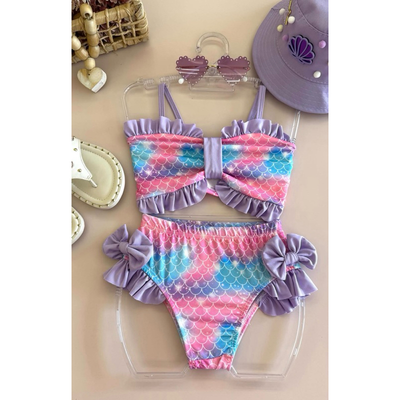 Maiô Infantil Sereia Rosa e Lilás com Babados – Conforto e Estilo para Praia e Piscina