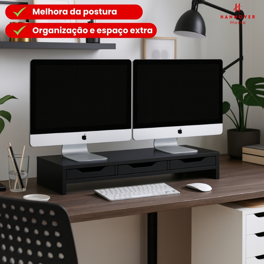 Suporte para Monitor de Mesa 2 Gavetas Escritório Ergonômico Mdf Black Piano em Oferta na Shopee
