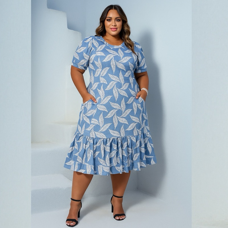 Vestido PLUS SIZE feminino adulto curto estampado manga curta babado moda verão dia a dia gestante em Oferta na Shopee