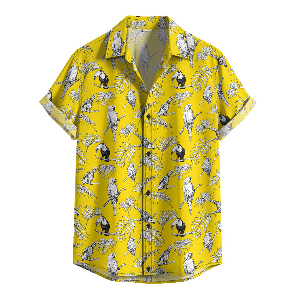 Camisa De Botão Camisa Moda Verão Estampa Floral Aves Tucano Papagaio Amarela Masculina [Ref-510]