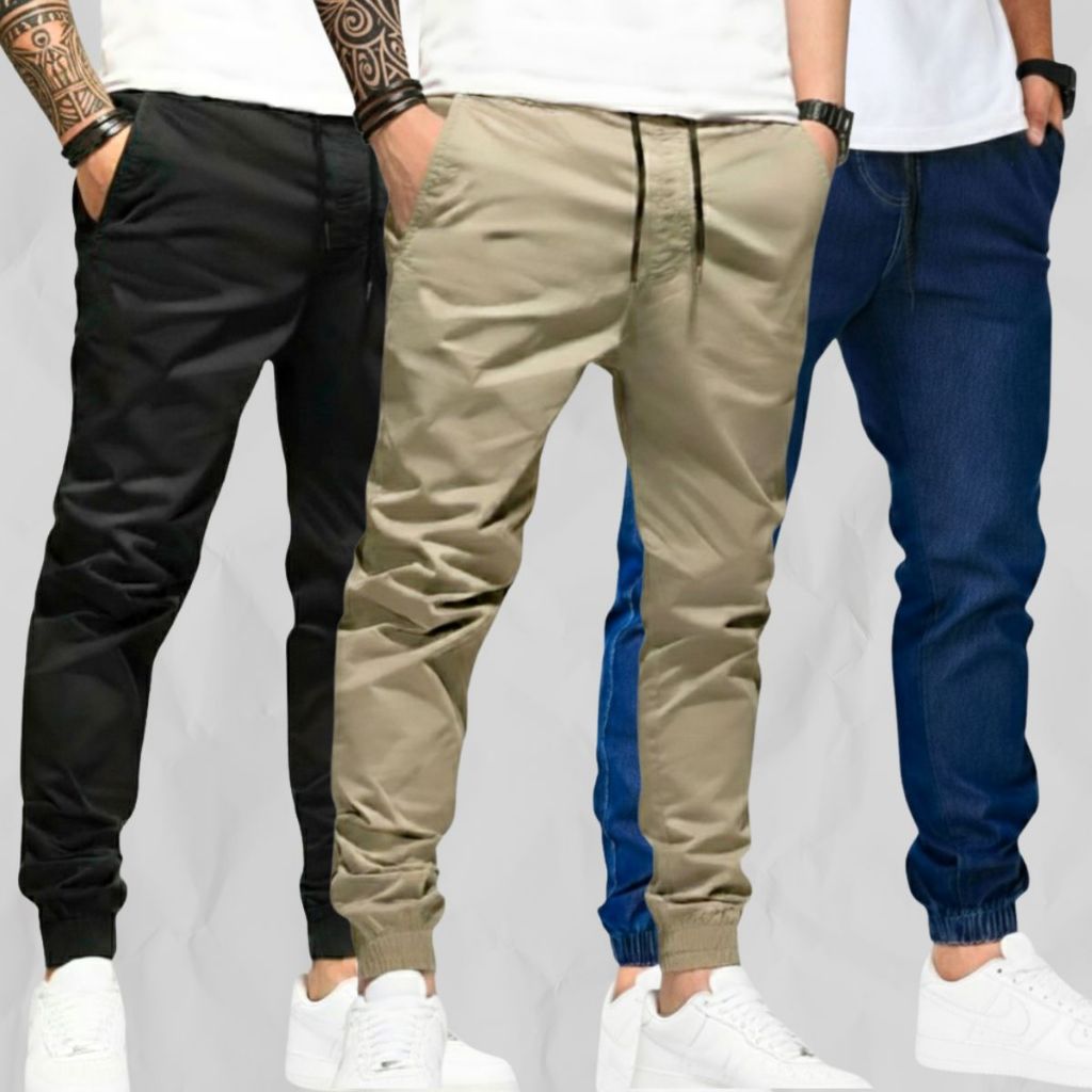 Kit 3 Calças Jogger Masculina Sarja Slim Fit com Punho e Bolsos em Oferta na Shopee