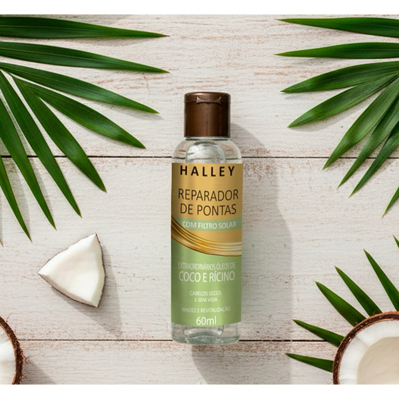 1 Frasco Reparador de Pontas Extraordinários Oleos de Coco e Rícino Maciez e Revitalização Filtro Solar Halley 60ml