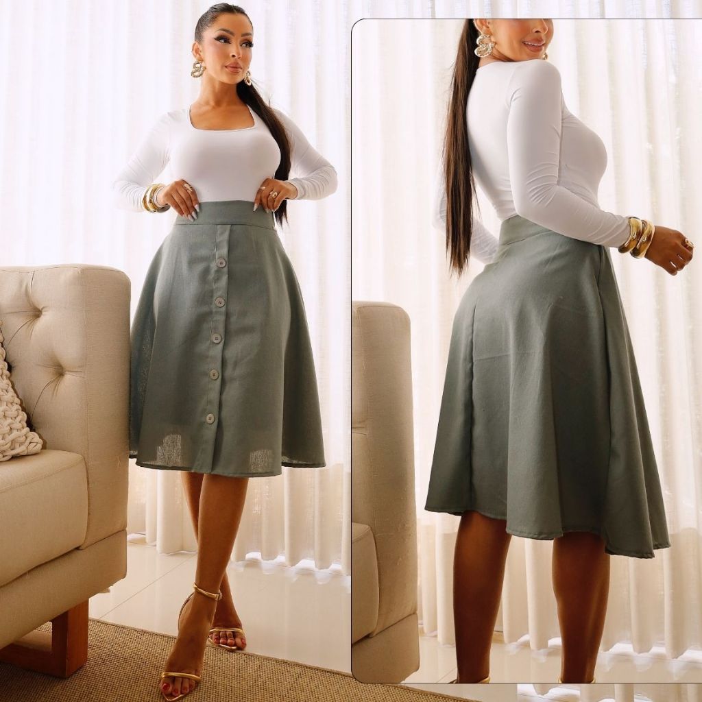 Saia Midi Feminina Evasê Linho Moda Evangélica Tecido Linho Cintura Alta Roupa Cristã Gospel De Botões em Oferta na Shopee