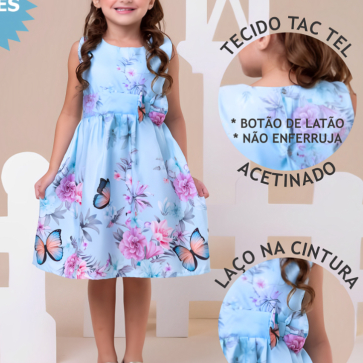 Vestido  Infantil Menina Floral Azul com Borboletas Claro Casual  festa 04 ao 10 anos em Oferta na Shopee