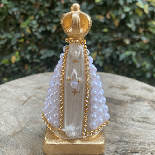Kit 12 Imagens de Nossa Senhora Aparecida 10cm com Pérolas brancas e detalhes em strass