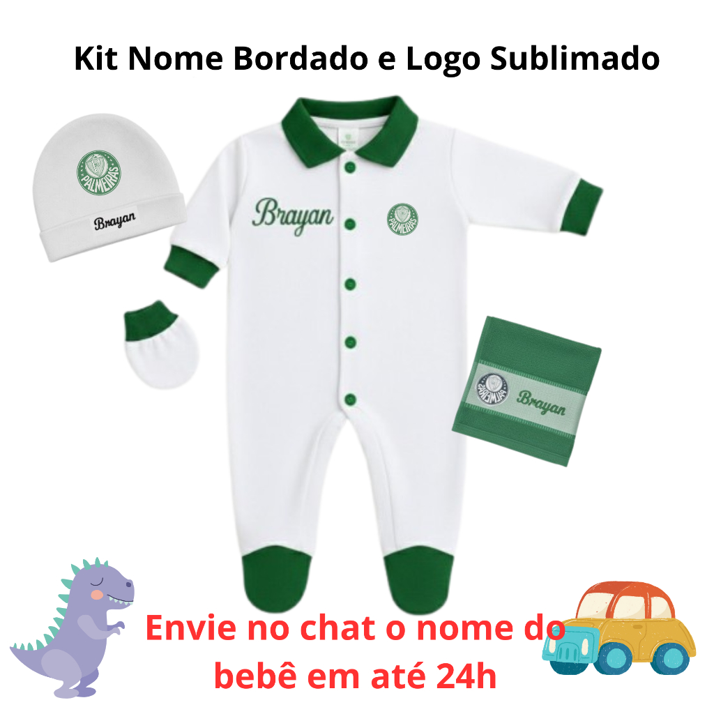 Kit Macacão Palmeiras Verdão com Pé Reversível 4 Peças - Nome Bordado e Time Sublimado