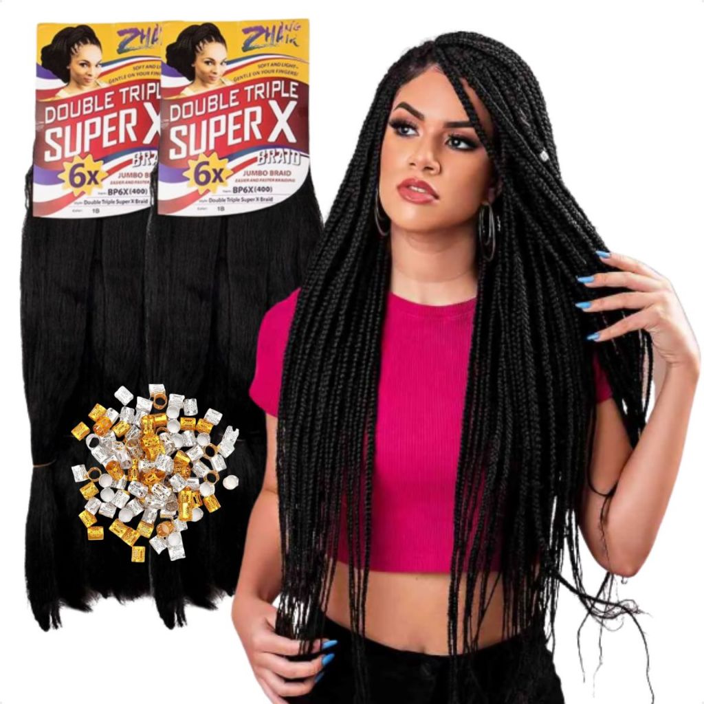 Kit 2 Unidades Jumbo Super X Cabelo para tranças + Anéis para trança