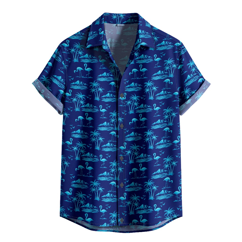 Camisa De Botão Estampa Verão Moda Masculina Flamingo Azul Marinho [Ref-476]