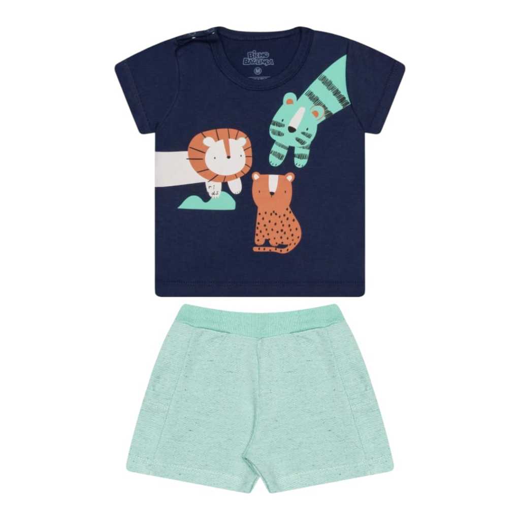Conjunto Bebê Bicho Bagunça em Meia Malha com Bermuda em Moletinho Linho Animais Amigos