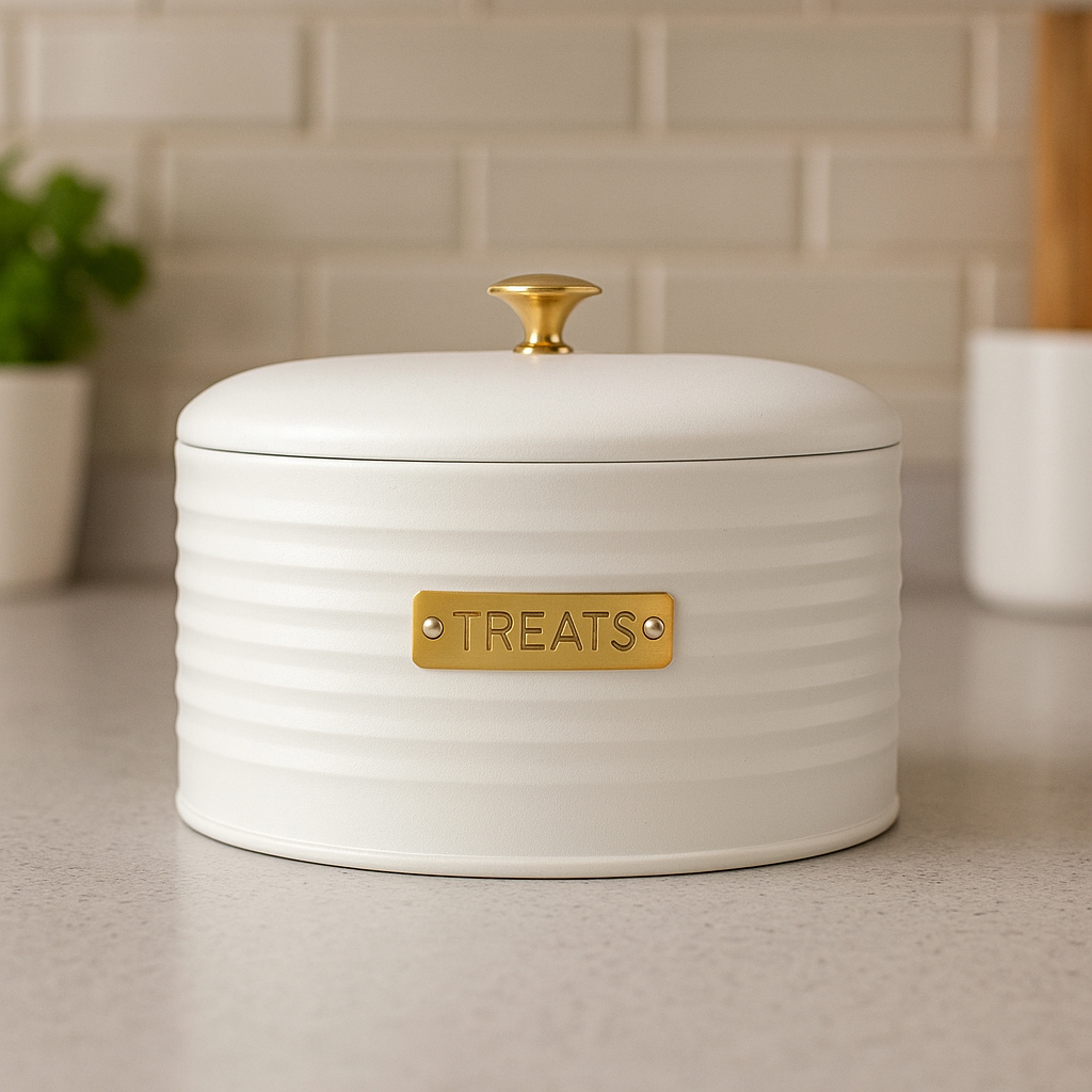 Porta Biscoitos Luxo Lata com Tampa Pote Armazenamento Friso no Metal Branco Ou Preto com Dourado - Mesa Posta