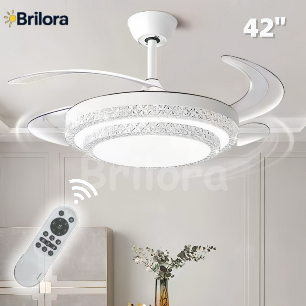 Ventilador de Teto com Lustre 4 Pás Retrátil LED Multicolor Controle Remoto Bivolt
