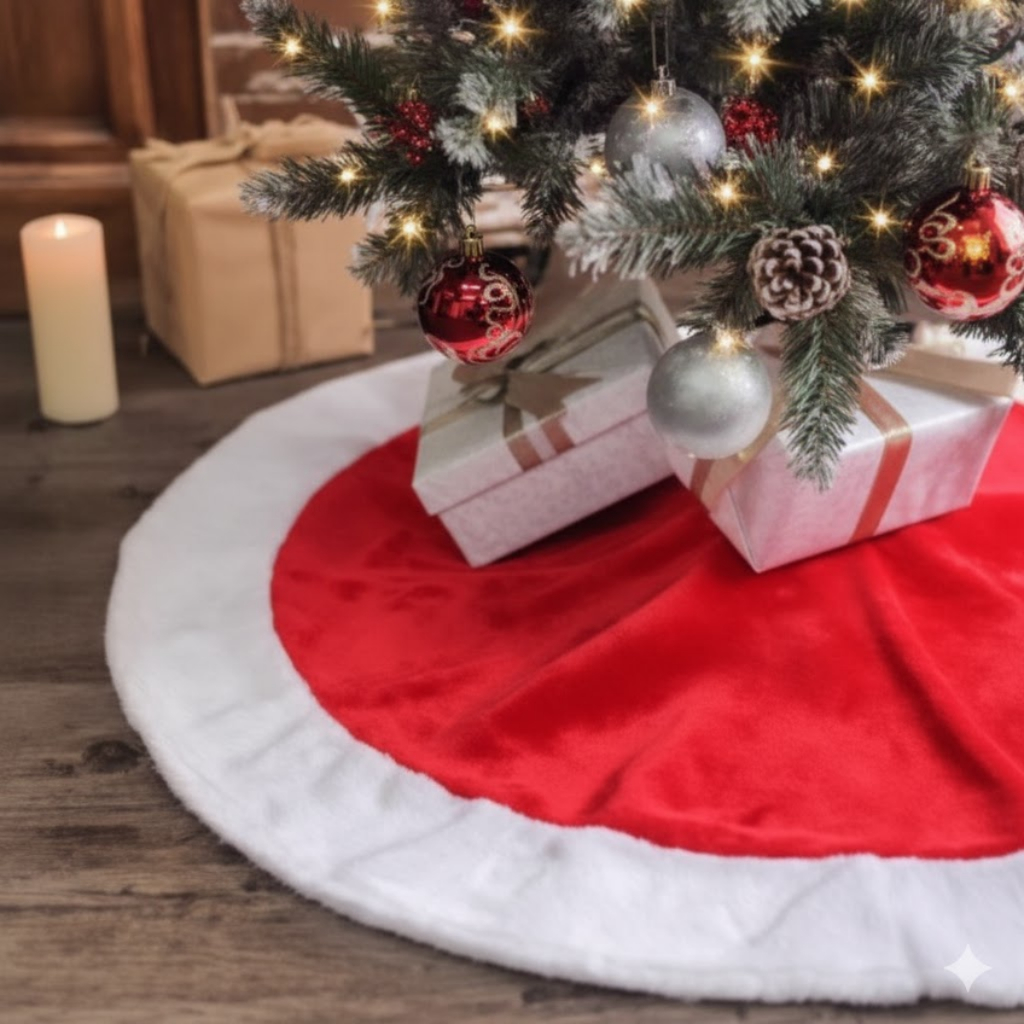 Saia Tapete Para Árvore De Natal Peludo Liso Vermelha 90 Cm