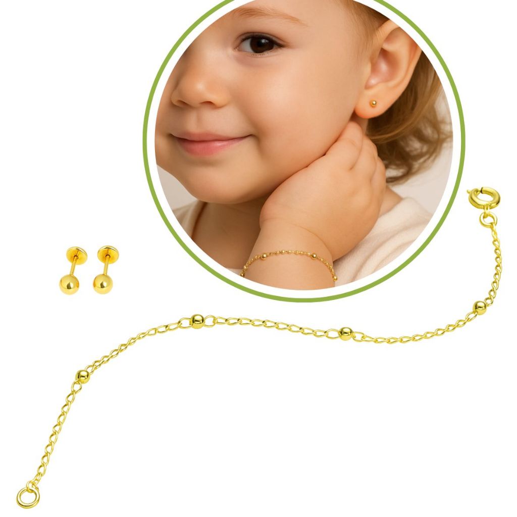 Kit Conj. Brinco + Pulseira Bolinha Dourada Bebe Infantil Tarraxa Segura Antialérgico Banho Ouro18k