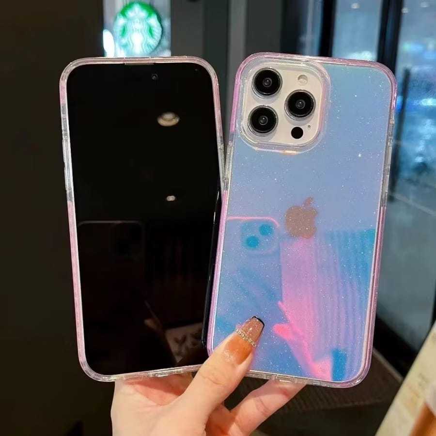 Capinha para iPhone Acrílica Efeito Espelhado Furta-cor com Borda Colorida Anti Impacto