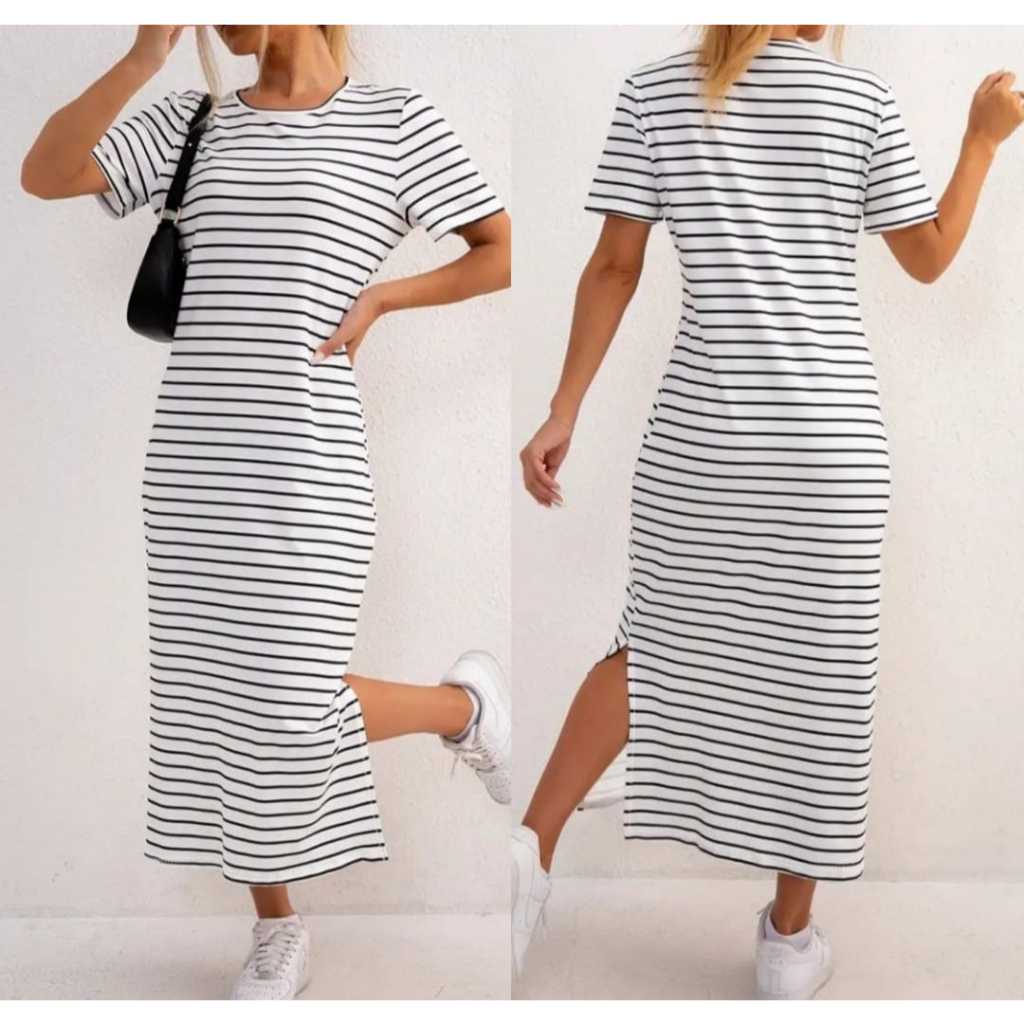 Vestido Midi com Listras e Fenda Verão Total 2026