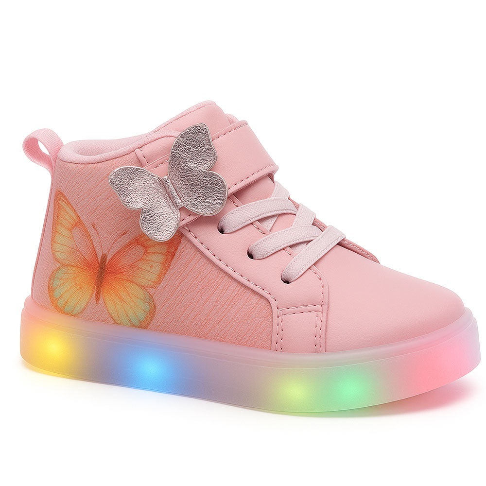Tenis Sapato Calçado Botinha de Menina Infantil Feminino Borboleta Luzinha Led