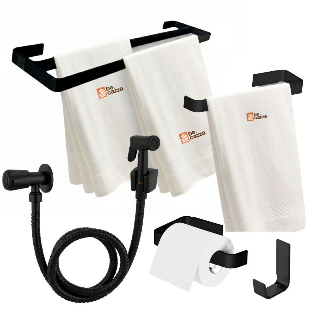 Kit Acessórios Banheiro Preto Fosco Toalheiro Duplo + Ducha Higiênica Chuveirinho Intimo Slim Metal em Oferta na Shopee