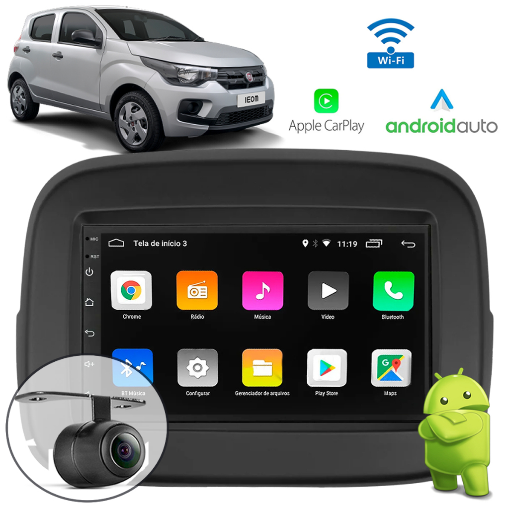 KIT Central Multimídia Android Auto Carplay + Moldura Fiat Mobi + Câmera de Ré