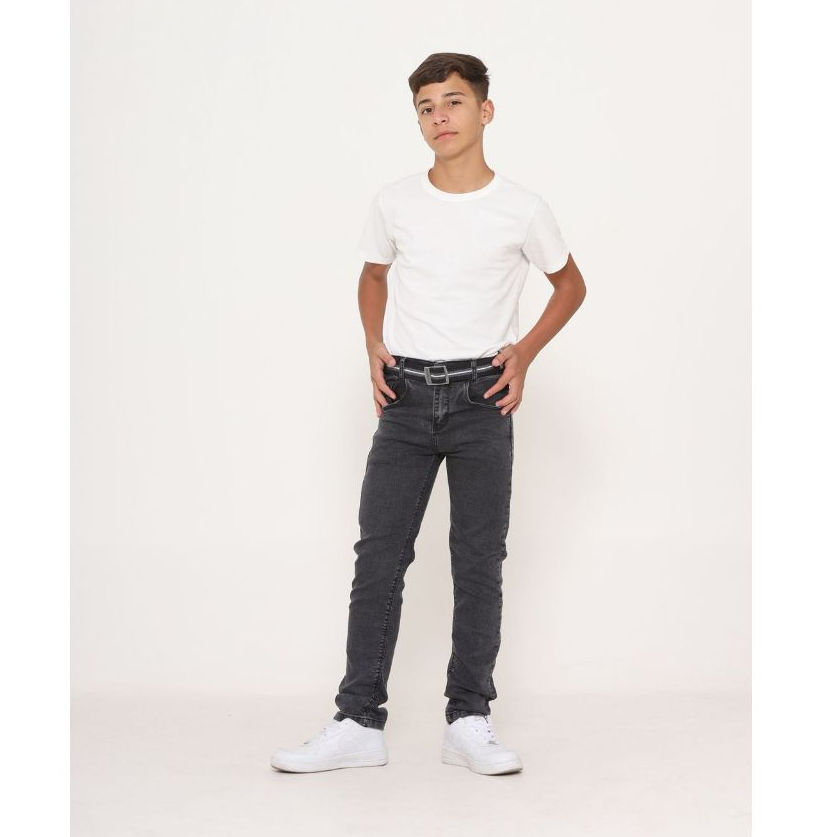 Calça para Meninos Jeans Skinny Color Grafite Básica Com Cinto e Bolsos Masculina Festas 10-16