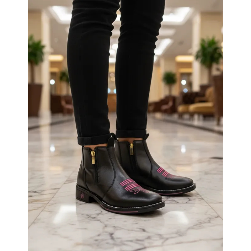 Kit 3 Em 1 Bota Botina Feminina Country Texana Bordada + Cinto Country Pedraria + Relógio Digital