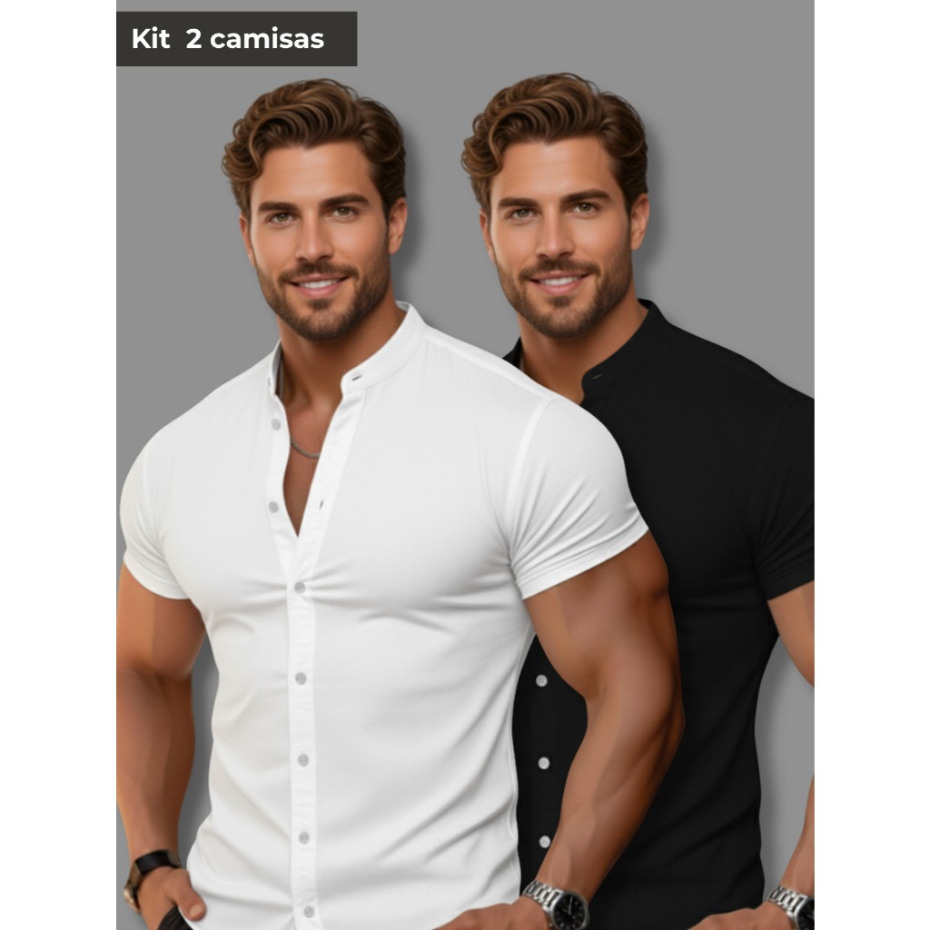 Kit Com 2 Camisa Social Masculina Slim Manga Curta Gola Padre  Escritório Camisa Que Não Amassa
