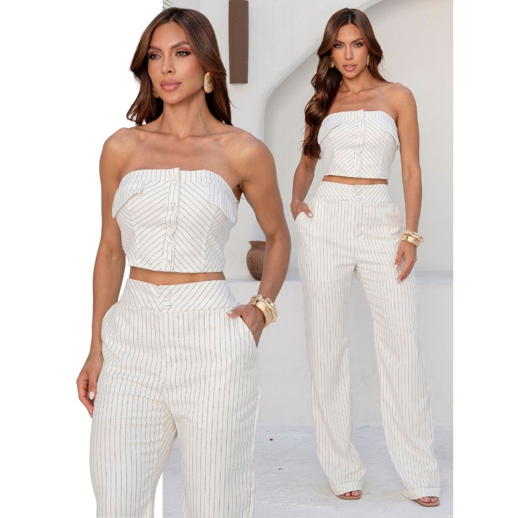 Conjunto Feminino Cropped e Calça Pantalona Listrado Botões Forrados em Oferta na Shopee